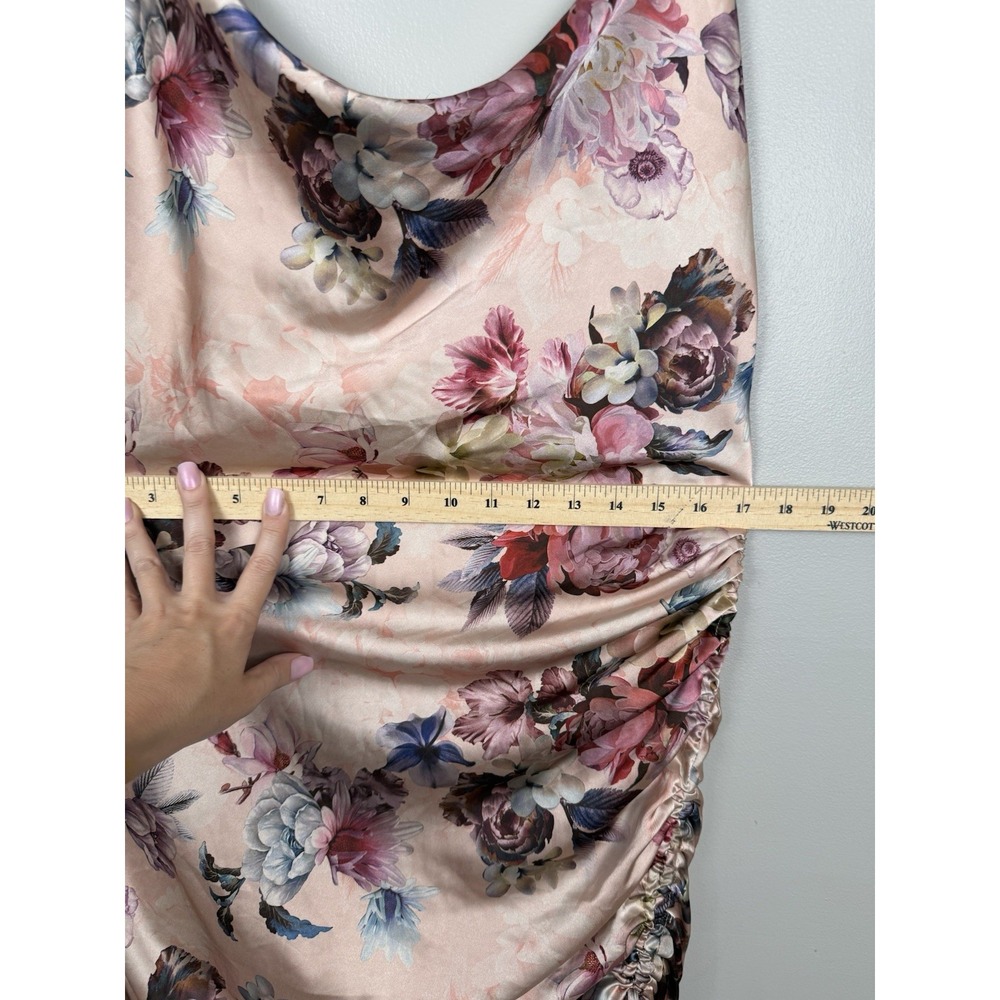 Acoa Dress Floral Satin Ruched Slip Dress Cow Neck Whimsical Romantic Y2k Style - Picture 10 of 11